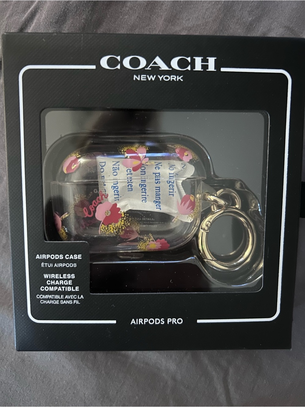 COACH Clear Floral AirPods Pro Case with Gold Keyring - Pink & Gold